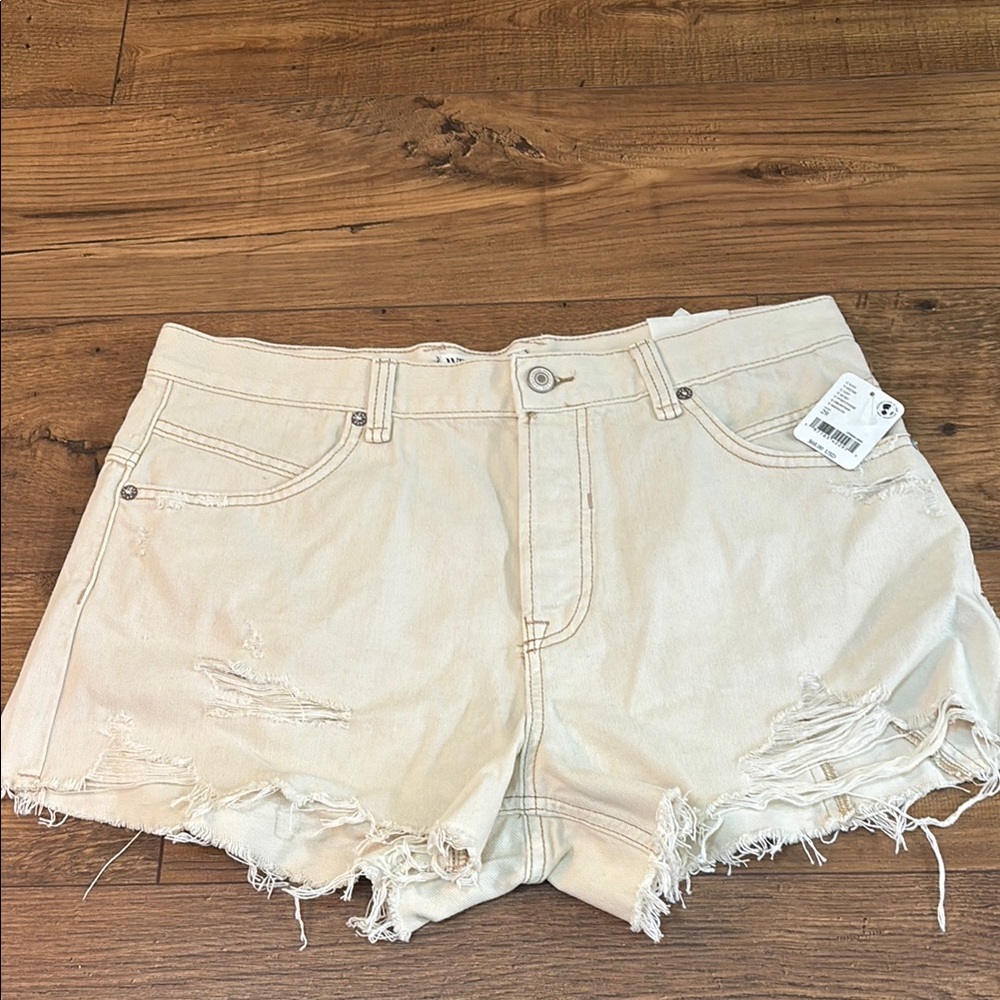Free People Cream Distressed Jean Shorts